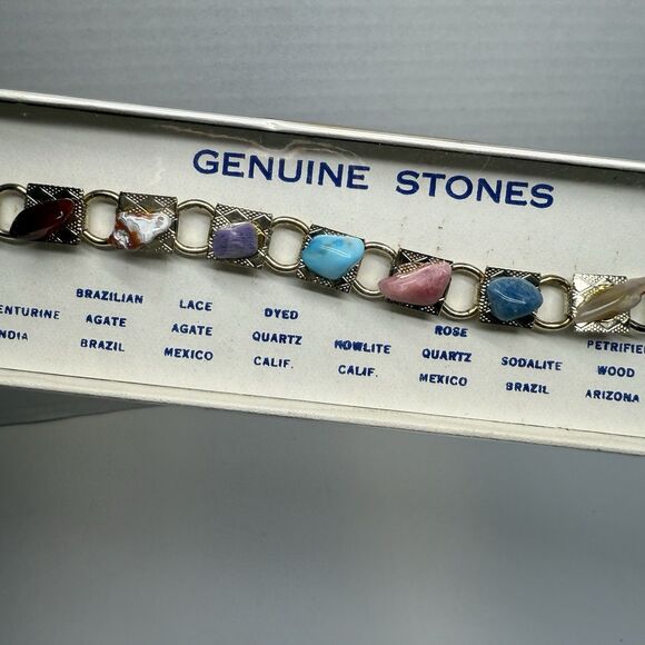 Vintage Metal Panel Link Bracelet With Genuine Natural Stone Nuggets New - Picture 3 of 6